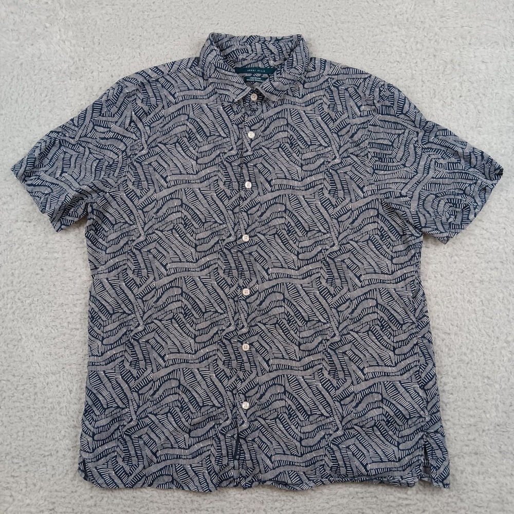 Perry Ellis Button Down Shirt Men L Navy Geometric Wave Linen Blend MA7071